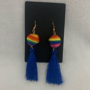 Rainbow Ball & Blue Tassel Drop Earrings